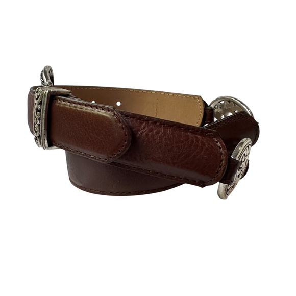 Genuine Vintage BRIGHTON Brown Leather With Etched Metal Concho Belt Size 32 main image 8